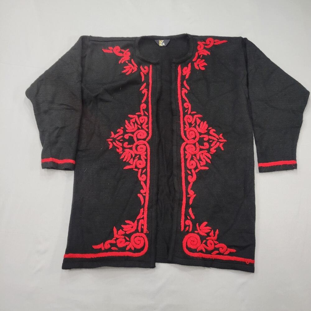 KK as Womens Large Embroidered Open Front Sweater Folk Boho Statement Heritage